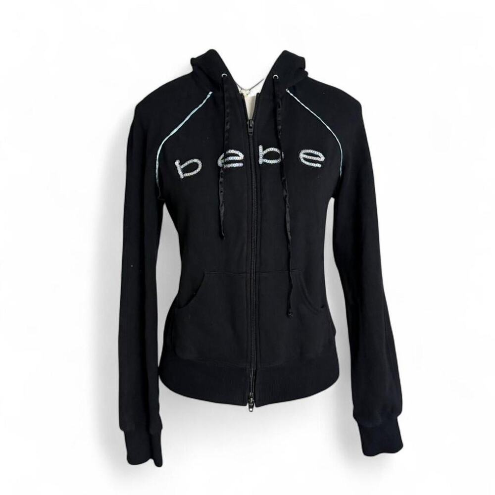 Black Bebe zip up hoodie with white piping women size large 96 % cotton material
